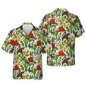 Cowboy Rodeo Bucking Horse Cactus Mesa Poker Sheriff Star Seamless Western Design Short-sleeve Hawaiian Shirt