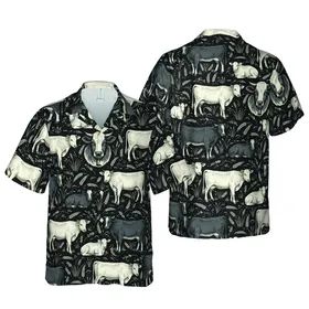 Cattle Enthusiast Black Cream Grey Cow Calf Realistic Sketch Island Botanical Motif Short-sleeve Hawaiian Shirt