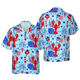 American Flag Lobsters Ice Cream Popsicle Fireworks Star Pattern Textile Print Short-sleeve Hawaiian Shirt