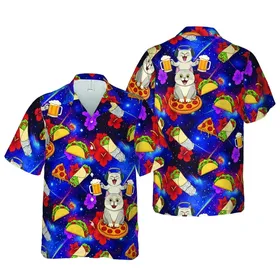 Funny Cat Faces Pizza Tacos Burritos Beer Swirling Cosmic Galaxy Hawaiian Design Tile Short-sleeve Hawaiian Shirt