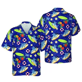 Cartoon Sharks Surfing Hawaiian Yellow Surfboards Red Lifebuoys Swirling Water Pattern Short-sleeve Hawaiian Shirt