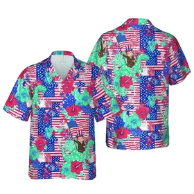 Uncle Sam Monkey Riding Teal Dino US Flag Hawaiian Red Blue Botanical Print Short-sleeve Hawaiian Shirt