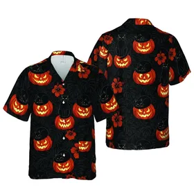 Diverse Black Cats Halloween Jack-o'-Lantern Tropical Seamless Print: Orange Yellow Black Short-sleeve Hawaiian Shirt