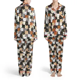 Cat Lovers' Whimsical Seamless Diverse Cat Faces Pattern Deep Charcoal Grey White Black Ginger Felines Satin Pajamas Set