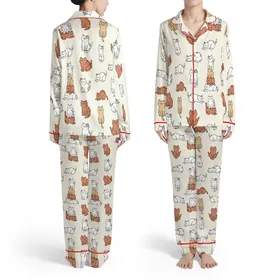 Cat Lovers' Whimsical Sweet Cartoon Cats Playful Scattered Repeating Cream Pattern Satin Pajamas Set