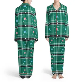 Cat Lovers' Bold Green Black White Tartan Plaid Pink Blue Stylized Cat Heads & Paw Prints Graphic Satin Pajamas Set