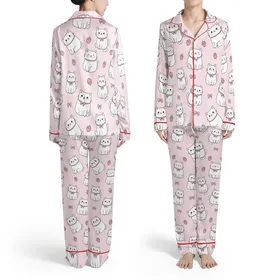 Cat Lovers' Adorable Plump Pastel Pink Cartoon Cats Strawberry Bow Pattern Satin Pajamas Set