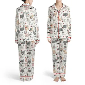 Cat Lovers' Whimsical Flat Cartoon Cats Seamless Pattern with Red Bow Ties, Pink Sunglasses, Yarn Balls, Off-White, Pink, Grey Hues Satin Pajamas Set