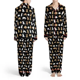 Cat Lovers' Cute Black Tan White Playful Cartoon Cats Paw Print Seamless Pattern Satin Pajamas Set