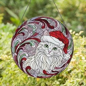 Christmas Cat Lovers' Luminous Jewel Tone White Cat Santa Hat Stained Glass Snowflake Mosaic Stained Glass Suncatcher
