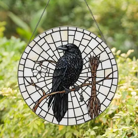 Mystical Art Admirers' Stained Glass Black Crow Witchy Broom Yellow Cream Mosaic Stained Glass Suncatcher