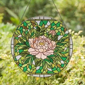 Floral Art Lovers' Tiffany Style Stained Glass Peony Rose Vibrant Jewel Tones Intricate Mosaic Stained Glass Suncatcher