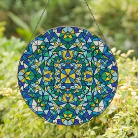 Art Lovers' Intricate Stained Glass Geometric Sapphire Emerald Golden Triangular Mosaic Pattern Stained Glass Suncatcher