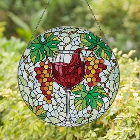 Wine Lover's Stained Glass Ruby Red Wine Glass & Golden Grapes Tiffany Mosaic Stained Glass Suncatcher