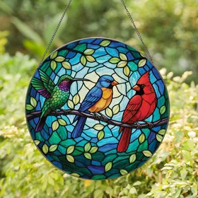 Bird Lovers' Tiffany Stained Glass Hummingbird Bluebird Cardinal Jewel Tone Mosaic Art Stained Glass Suncatcher