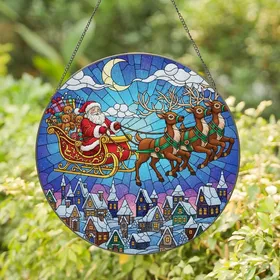 Christmas Lovers' Intricate Jewel Tone Stained Glass Santa Sleigh Winter Village Art Stained Glass Suncatcher
