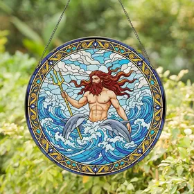 Mythology & Ocean Enthusiasts' Tiffany Stained Glass Sea God, Golden Trident, Dolphins, Vibrant Blue Waves Stained Glass Suncatcher