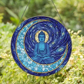 Art Admirers' Intricate Tiffany Stained Glass Blue Buddha Cosmic Moon Mosaic Deep Blue Gold Stained Glass Suncatcher