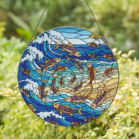 Ocean Lovers' Intricate Tiffany Stained Glass Fish School Jewel Tone Ocean Art Stained Glass Suncatcher