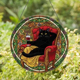 Cat Art Enthusiasts Opulent Black Cat Ruby Armchair Wine Jewel-Toned Stained Glass Mosaic Stained Glass Suncatcher