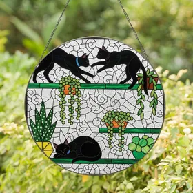 Cat Lovers' Tiffany Style Stained Glass Black Cats with Potted Plants Jewel Tone Mosaic Art Stained Glass Suncatcher