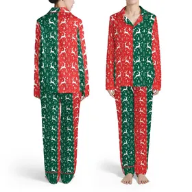 Christmas Celebration Deep Green Red White Leaping Reindeer Snowflake Holly Pine Motif Satin Pajamas Set