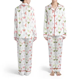 Martini Lover's Watercolor Olive & Coral Martini Glass Scatter Wearable Item Satin Pajamas Set