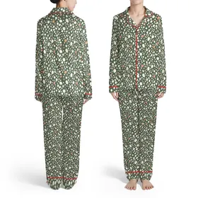Muted Olive Green Off-White Irregular Dot Cream Terracotta Blob Stylized Star Design Satin Pajamas Set