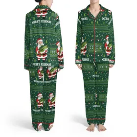 Santa Claus Bass Fish 'MERRY FISHMAS' Design - Dark Forest Green Snowflakes & Fish Hooks Pattern Satin Pajamas Set