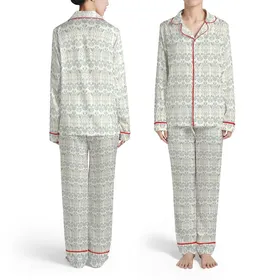 Intricate Baroque Scrollwork Acanthus Filigree Ivory Slate Taupe Motif Satin Pajamas Set