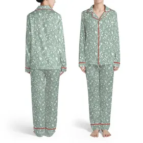 Seamless Botanical Pattern: Flat White Stylized Leaves Stems Blossoms Sage Green Satin Pajamas Set