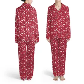 Deep Red White Silver Overlapping Circles Confetti Stars Streamers Dense Pattern Satin Pajamas Set