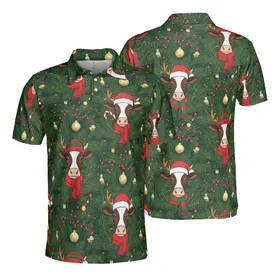 Cow Lover Christmas Head Santa Hat Pine Berry Golden Ornament Seamless Pattern Design Men's Polo Shirt (Lightweight)