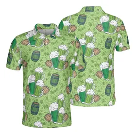 Beer Lover's Repeating Green Beer Glass Barrel Sketchy Outline Frothy Clover Mosaic Pattern Men's Polo Shirt (Lightweight)