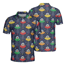Flying Saucer Cat Light Beam Pattern Navy Polka Dot Multi-Color Stars Textile Print Men's Polo Shirt (Lightweight)