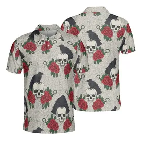 Stylized Skull Raven Design, Deep Red Roses & Dark Green Thorny Leaves, Beige Textile Pattern Men's Polo Shirt (Lightweight)