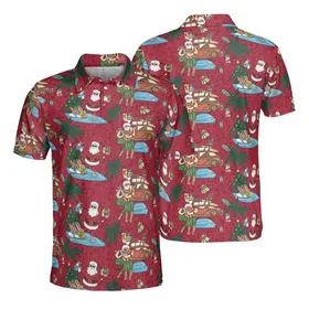 Red Background Tropical Holiday Santa Surfing Hula Reindeer Woodie Cars Intricate Pattern Men's Polo Shirt (Lightweight)