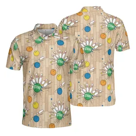 Bowling Lane: Aligned Pins, Striking Balls, 'STRIKE' Impact, Wood Grain Sublimation Print Men's Polo Shirt (Lightweight)