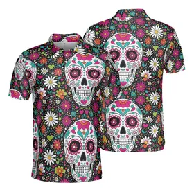 Dia de los Muertos Fan: Ornate Sugar Skulls, Daisy, Starburst Flowers, Heart Mosaic Garment Surface Men's Polo Shirt (Lightweight)