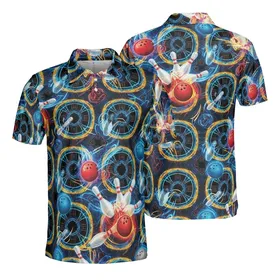 Bowler's Bowling Pin Ball Traditional White Red Stripe Glowing Silver Neon Wave Pattern Men's Polo Shirt (Lightweight)