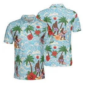 Bigfoot Surfer Beach: Palm Trees, Hibiscus, Red White Surfboards Edge-to-Edge Men's Polo Shirt (Lightweight)