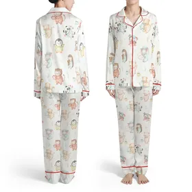 Watercolor Baby Animals Pajamas: Woodland Critters Seamless Pattern Sleep Set Satin Pajamas Set