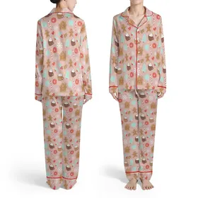 Women's Cozy Muted Pink Gingerbread Sleep Set: Festive Cookie, Holly & Candy Cane Print Satin Pajamas Set