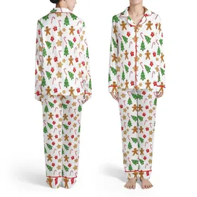 Family Matching Long Sleeve Sleep Set: Whimsical Gingerbread & Christmas Pattern - Soft Polyester Spandex Satin Pajamas Set