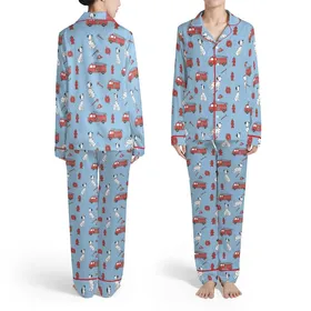 Family Christmas Pajamas: Whimsical Fire Truck Dalmatian Pattern Long Sleeve Matching Sleep Set Satin Pajamas Set