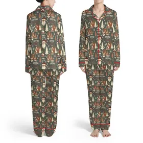 Christmas Santa Deer Cabin Sleigh Pine Snowflakes Nashville TN EST 2024 Text Pattern Satin Pajamas Set