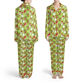 Christmas Lime Green Santa Claus Bear Reindeer Antlers Polka Dot All-Over Design Satin Pajamas Set
