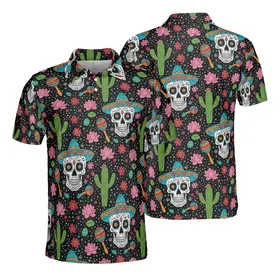 Decorated Sugar Skull Sombrero Saguaro Prickly Pear Maraca Lotus Star Flower Mosaic Polo Men's Polo Shirt (Lightweight)
