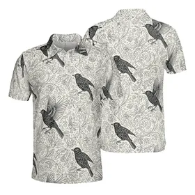 Blackbird Botanical Engraving Pattern: Fine Foliage & Berries Cream Sporty Design Men's Polo Shirt (Lightweight)