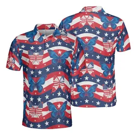 American Flag & Gradient Butterfly Wavy Stripe Blue Starfield Fabric Pattern Men's Polo Shirt (Lightweight)